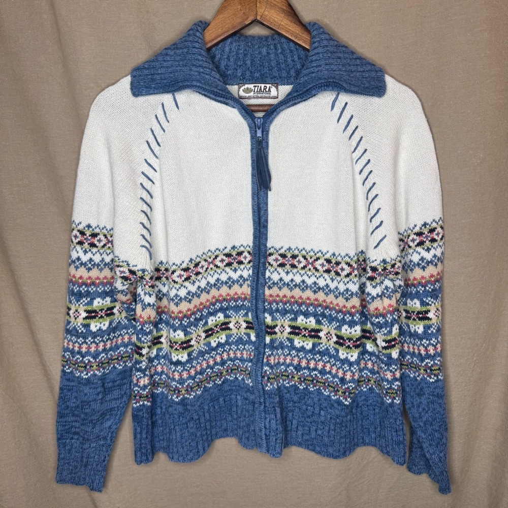 Tiara International Vintage Fair Isle Full Zip Cardigan Sweater Blue White 2004